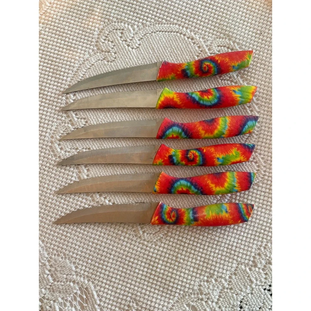 Art+Cook Steak Knife Set 6pc Stainless Steel Tie Dye Rainbow Serrated Blades
